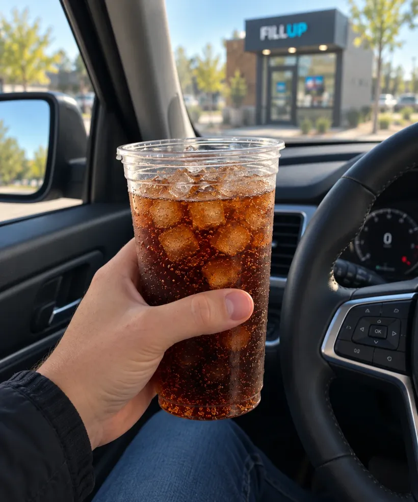 Driver holding a FILLUP cup, pulling away from the store